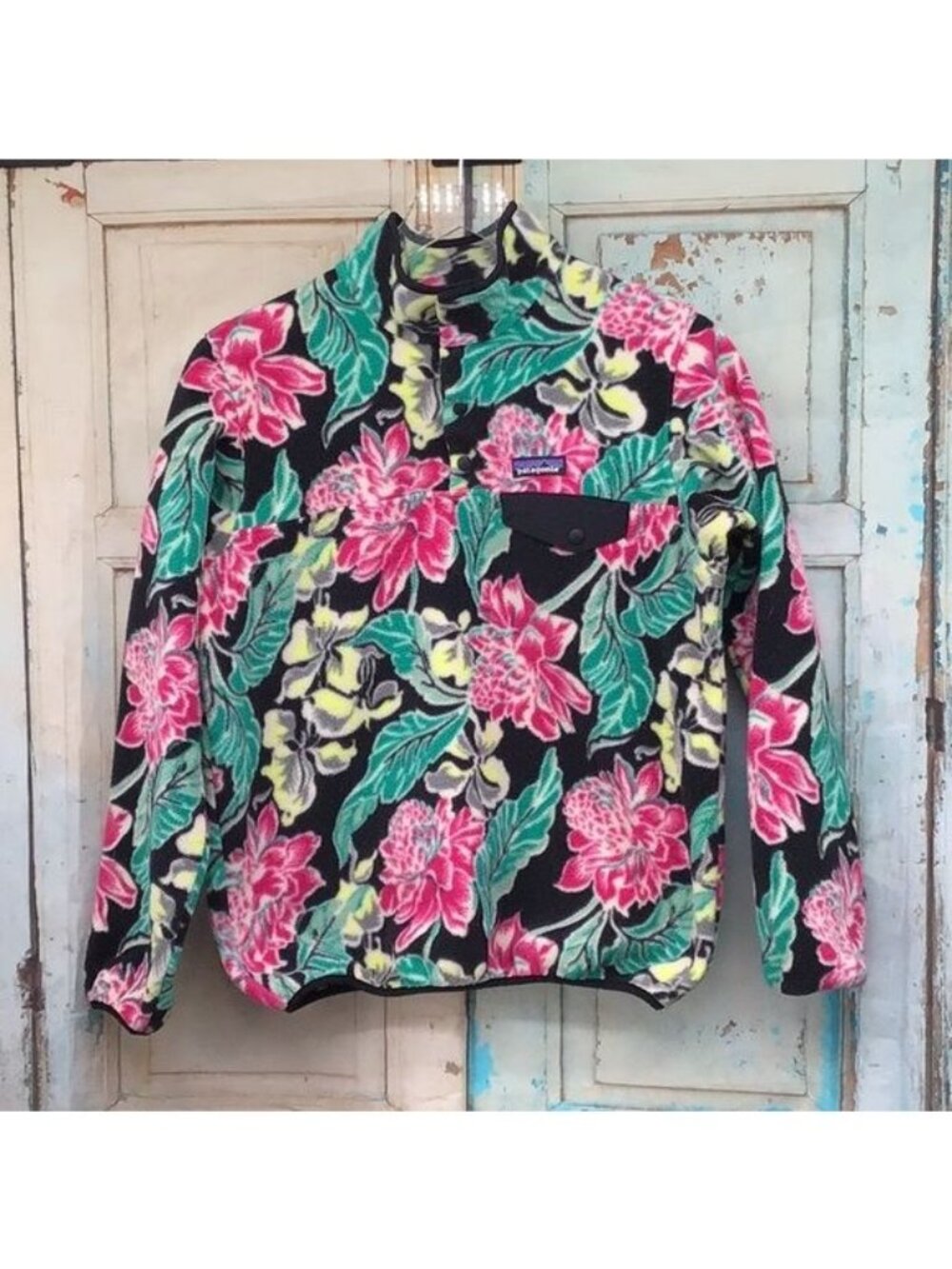Patagonia Synchilla Womens M Manoa Black Floral Fleece Pullover Jacket Black Mul